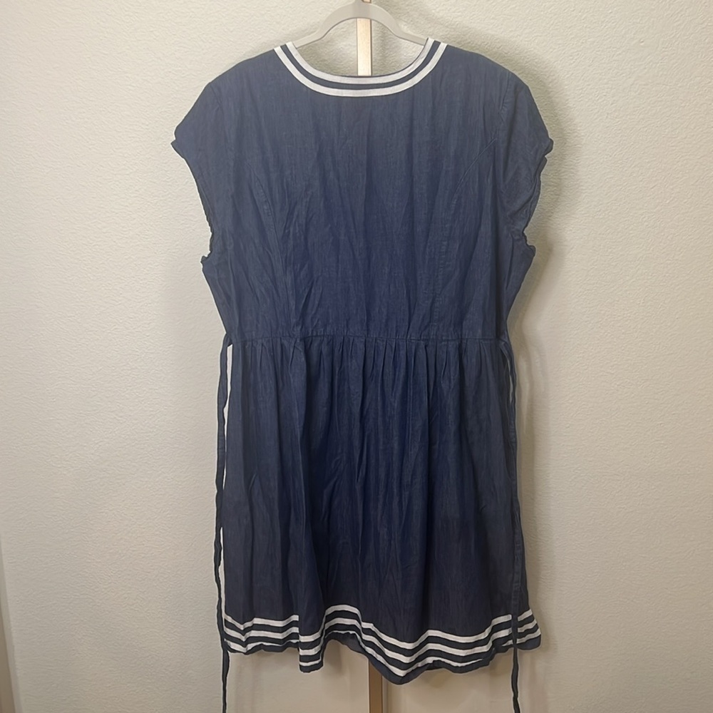 Lanz of Salzburg denim pleated button up Round collar chambray Short sleeve 2X - Picture 3 of 4